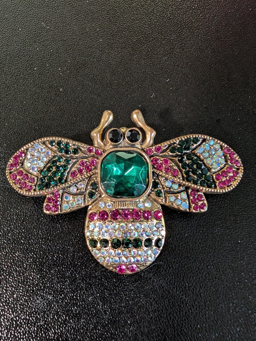 Crystal Bee Brooch Pin with Emerald Center - Gold Tone